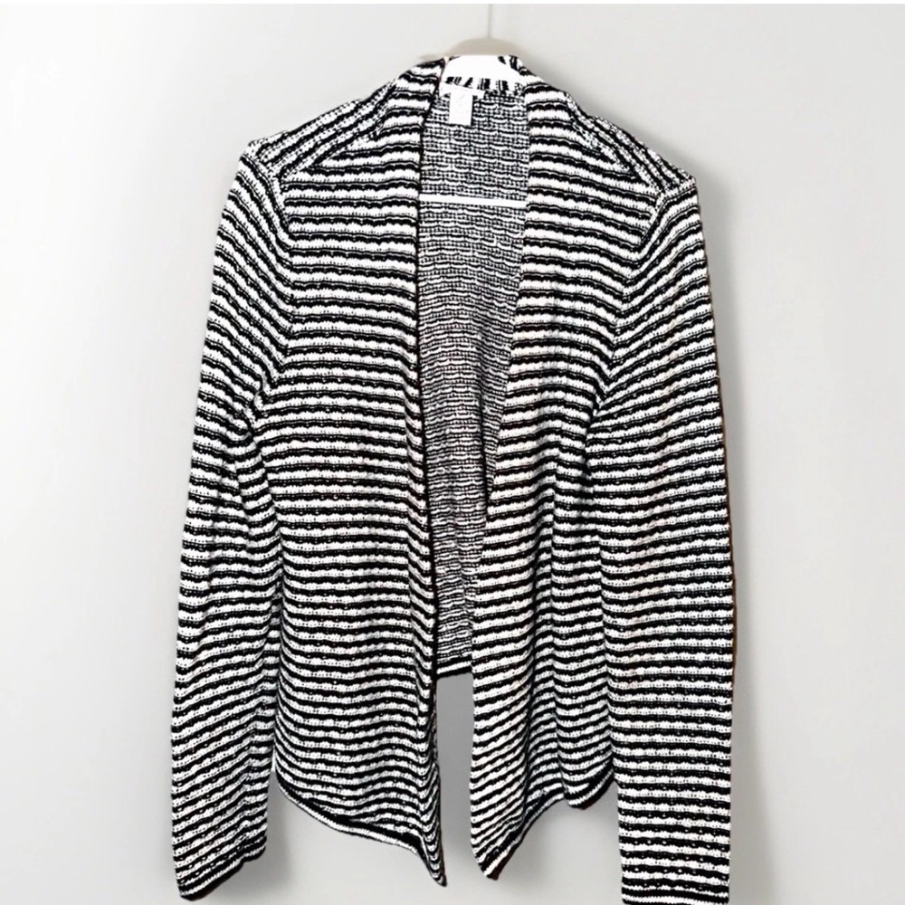 Chico's Striped Knit Open Front Cardigan Sweater Black White Size 2